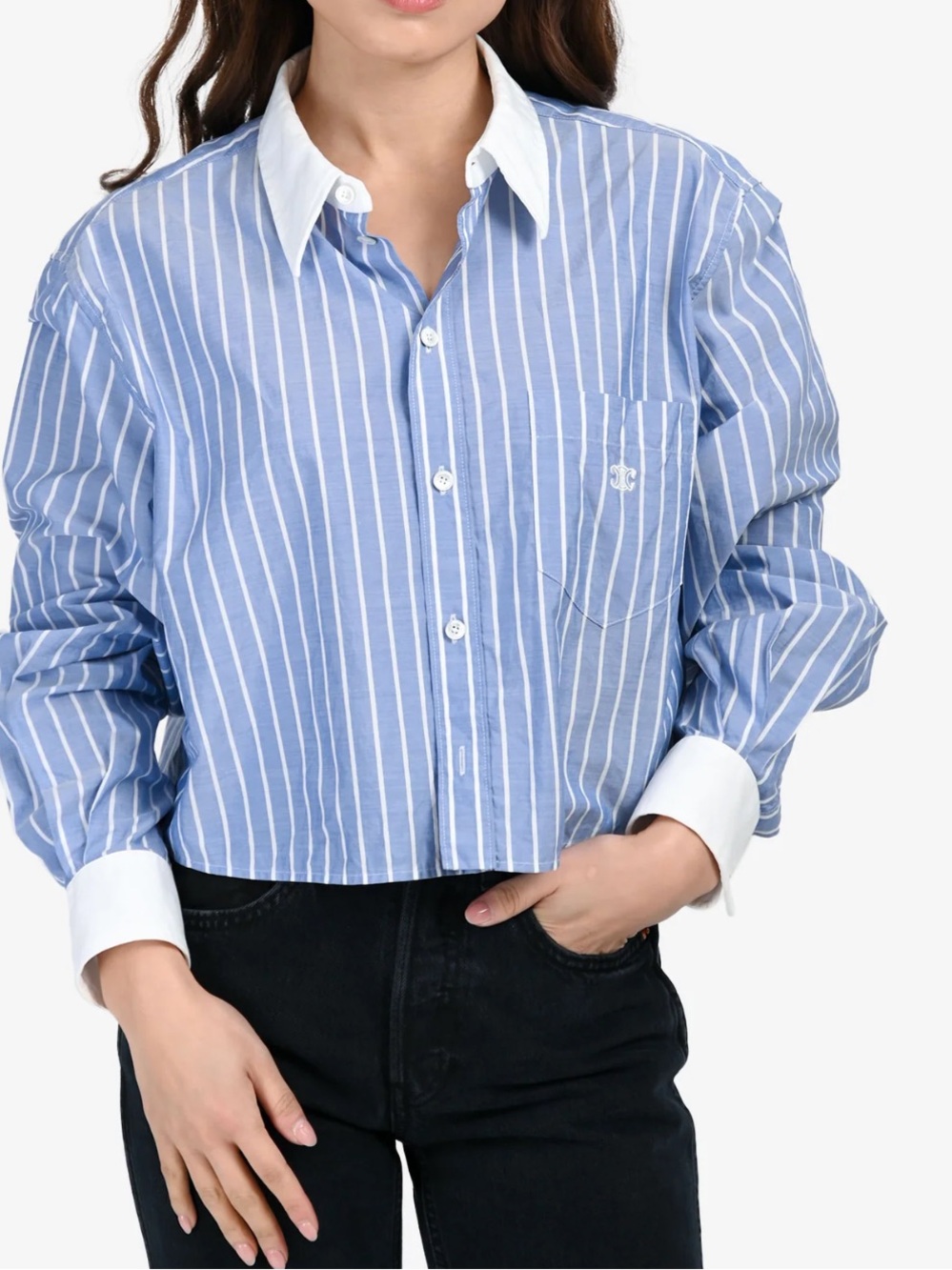 CELINE BLUE/WHITE STRIPED COTTON POPLIN CROPPED TRIOMPHE BLOUSE